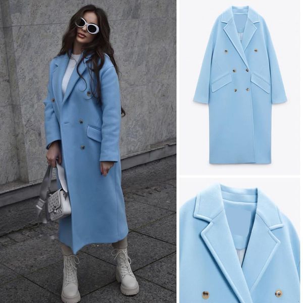 

womens wool blends women traf fallwinter loose overcoat temperament solid color retro fashion doublebreasted female flip pocket jacket 23082, Black