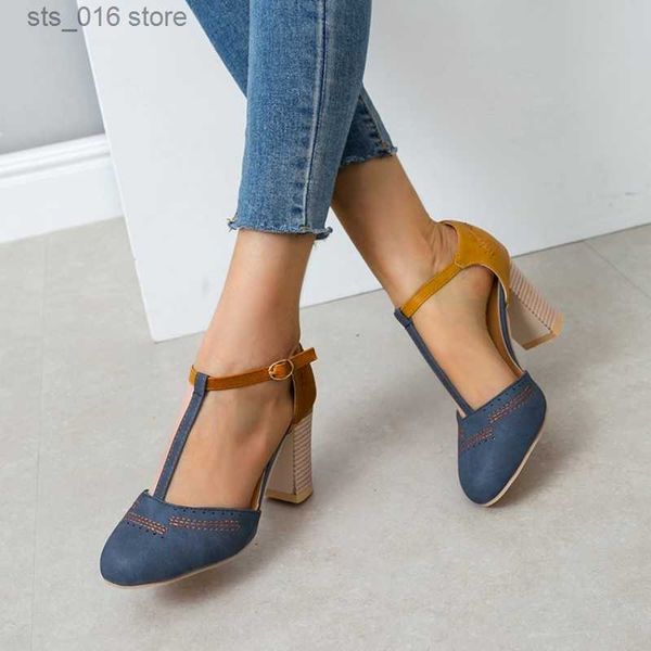 

dress shoes women heel high shoes pumps square ladies platform round toe t-tied square heel wedding dress shoes zapatos de mujer t230828, Black