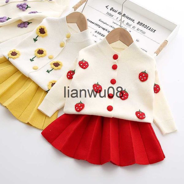 

clothing sets autumn winter kids girl clothes fruit cardigan sweater with skirt twopiece knitted children clothing suit girls sweater set x0, White