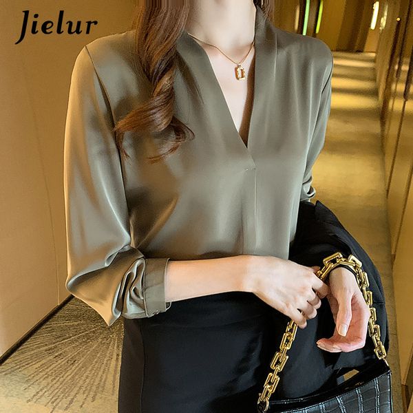 

women's blouses shirts jielur solid color white shirt office lady vneck skinny longsleeved autumn khaki loose female sxxl 230828