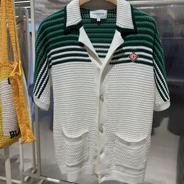 

men's sweaters green stripe casablanca sweater hollow out knitted short sleeve casual streetwear men women casa shirts 230826, White;black
