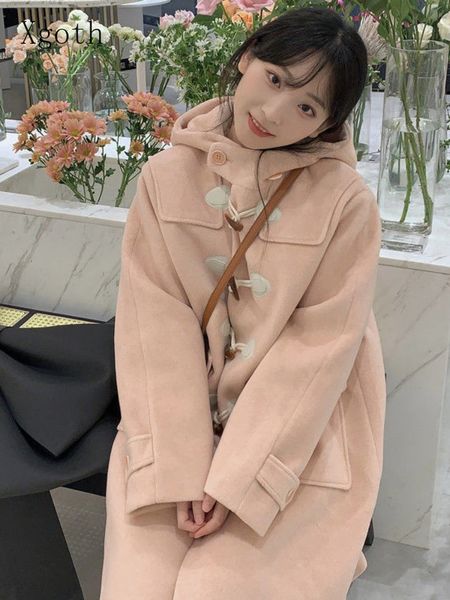

women's wool blends xgoth cute elegant woolen coat women's autumn winter mid-length temperament thickened horn buckle hooded trenc, Black