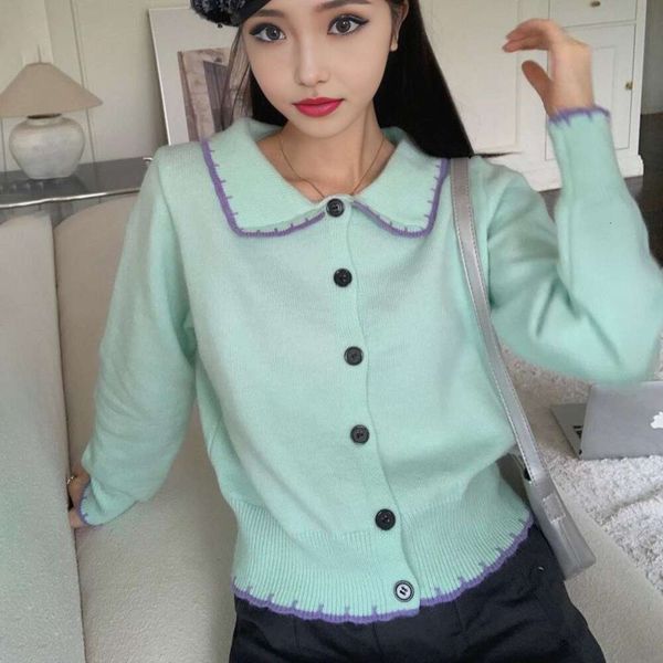 

gemstone green sweater womens autumn and winter coat design sense niche lapel short lace soft glutinous cardigan, White;black