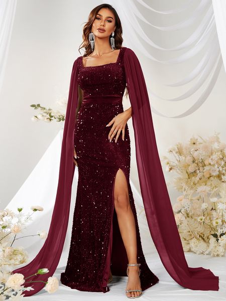 

red shiny mermaid mother of the bride dresses plus size long sleeves square neck evening gowns with flower sash sweep train sequined chiffon, Black;red