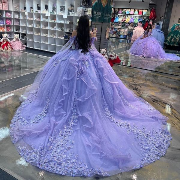 

lavender sweetheart princess shiny quinceanera dresses ball gown applique lace with cape sweet vestidos de 15 quinceanera 16, Blue;red