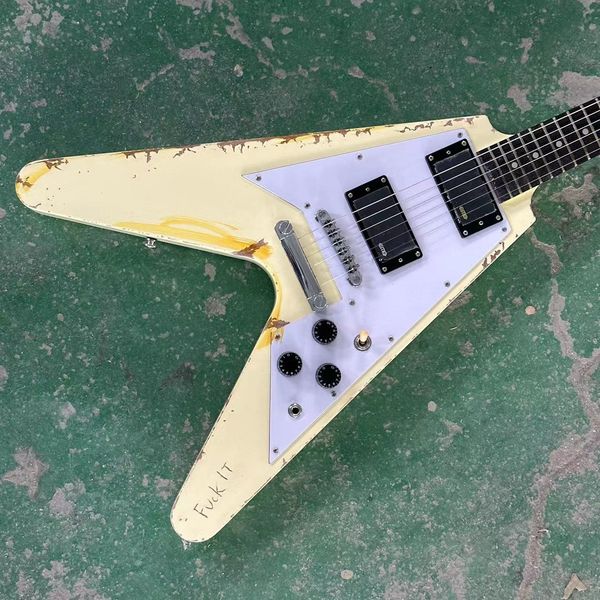 

in stock chinese aged electric guitar flying v style milk yellow color mahogany hand made old style fast