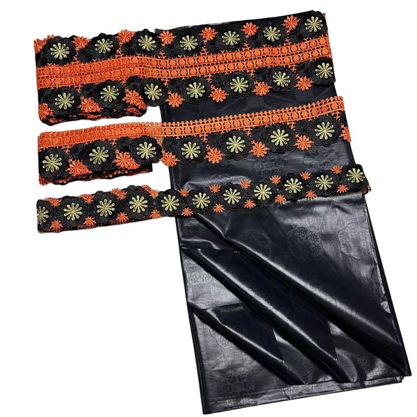 

bazin riche fabric with 15 yards lace trimming african wedding dresses for women sewing nigerian lady gown birthday dinner textile costume 2, Black;white