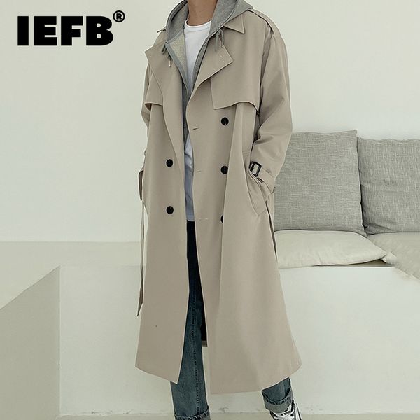 

men's trench coats iefb korean style men windbreaker double breasted middle length coat trend brand handsome casual laceup overcoat 9c1, Tan;black