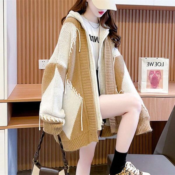 

korean winter lazy style color matching thick sweater womens loose mid length stitching hooded coat, White;black