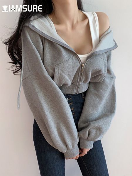 

women's hoodies sweatshirts iamsure short hoodies women solid sweatshirt tracksuit long sleeve female crop fashion korean clothing hara, Black