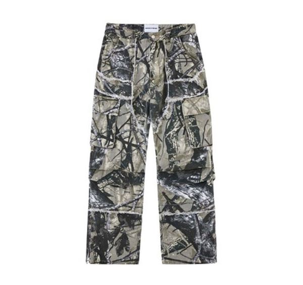 

men's pants spring summer hip-hop fashion camouflage printed jeans straight wide leg loose wearproof handsome denim pants, Black