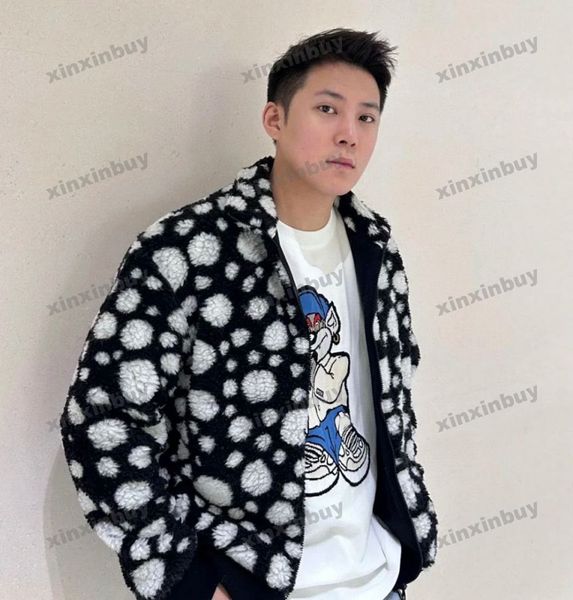 

xinxinbuy men designer coat jacket fleece dots letter jacquard fabric long sleeve women gray black red blue s-2xl, Black;brown