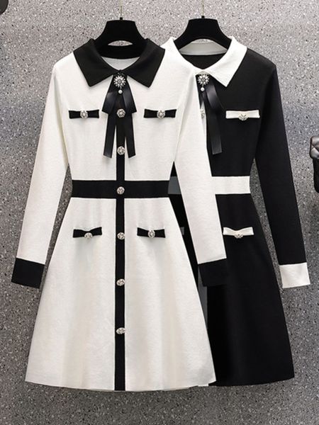 

basic casual dresses small fragrance fall winter knitted sweater dress women bow tie buttons vintage party mini elegant chic robe femme 2308, Black;gray