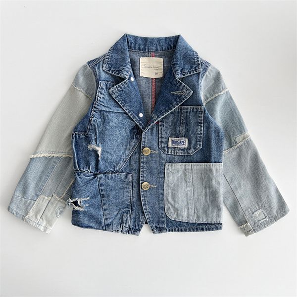 

fashion kids hole patch denim jacket girls boys lapel long sleeve casual outwear 2023 autumn children cowboy coat s0472v, Blue;gray