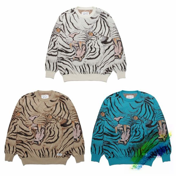 

men's sweaters wacko maria knitted sweater men women 1 quality tiger jacquard blue white khaki oversize sweatshirts 230826, White;black
