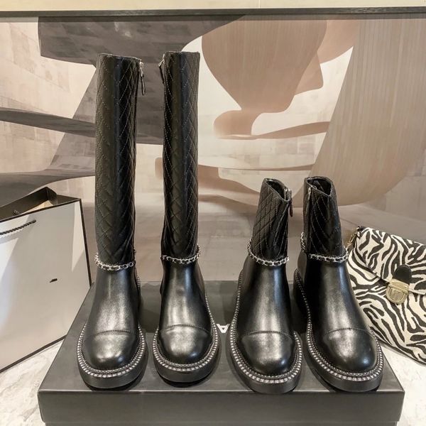 

designer boots womens small wind double c boots women's long boots ankle boots zipper chain diamond check side zipper single boot autum, Black