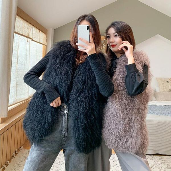 

womens fur faux real sheep vest 100% natural mongolia gilet pure long genuine oversize ksr801 230828, Black
