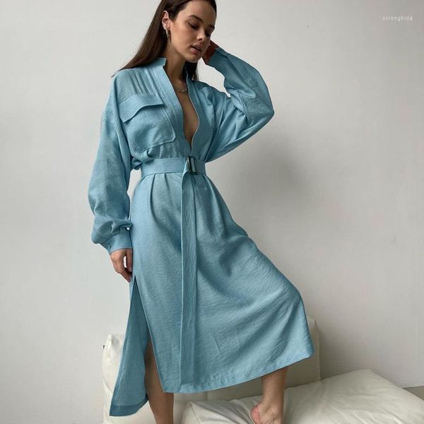 

casual dresses 2023 fashion long sleeve deep v dress pure color mid street style women, Black;gray