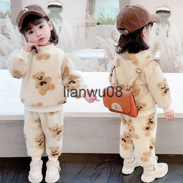 

clothing sets 12m4y winter girls boys cute cartoon bear clothes baby kids children thick warm fleece suit including ant 2pcs per set x0828, White