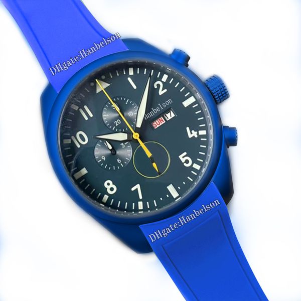 

mens watch day date quartz movement chronograph blue case nylon tape 43mm special edition wristwatch, Slivery;golden