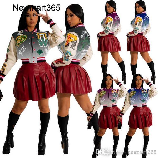 

women jackets designer 2023 new printed double layer thread colored button bomber coat 3 colours, Black;brown