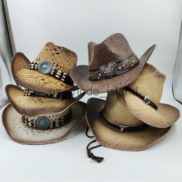 

caps hats 2023 hollow weave cowboy hat straw hat star jazz straw hat panama paper grass american western denim hat fashion travel hat x0828, Yellow