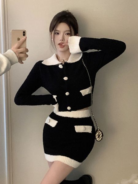

two piece dress small fragrance casual knit suits women spring contrast color long sleeve short sweater cardigan bodycon skirt 2 set 230828, White