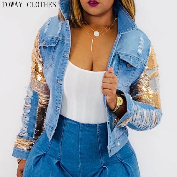 

womens jackets sequin coat women casual female jacket patchwork outwear streetwear button up hole spring 230828, Black;brown