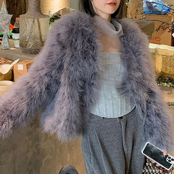

womens jackets winter fashion ostrich feather coat longsleeve ladies nightclub 100% natural fur coats v neck turkey 230828, Black;brown