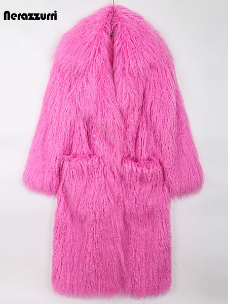 

womens fur faux nerazzurri winter long bright pink oversized shaggy hairy soft fluffy thick warm coat women lapel runway cute fashion 230828, Black