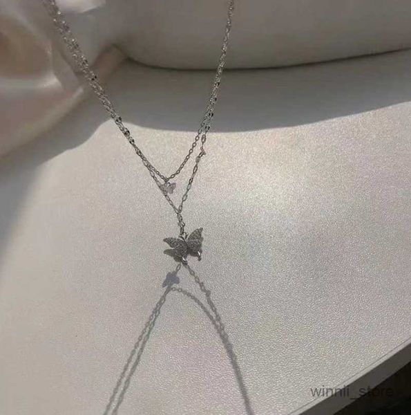 

pendant necklaces silver color shiny butterfly necklace female exquisite double layer pendant clavicle chain necklace wedding jewelry gifts