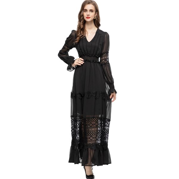 

women's runway dresses v neck long sleeves embroidery lace hollow out elegant party prom gown vestidos, Black
