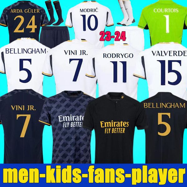 

23 24 real bellingham vini jr soccer jerseys away 2023 2024 football shirts camavinga alaba modric valverde rodrygo men kids kit uniform mad, Black;yellow