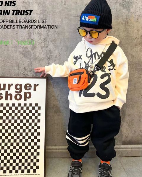 

boys cartoon letter printed hoodies 2023 autumn winter kids velvet warm pullover children stripe sports casual trousers z3692, Black