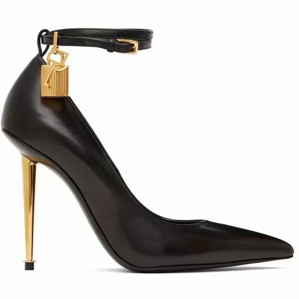

famous design tomfords padlock pointy dress shoes lock-and-key high heels lady pointed toe women pumps party wedding bridal eu35-43, Black