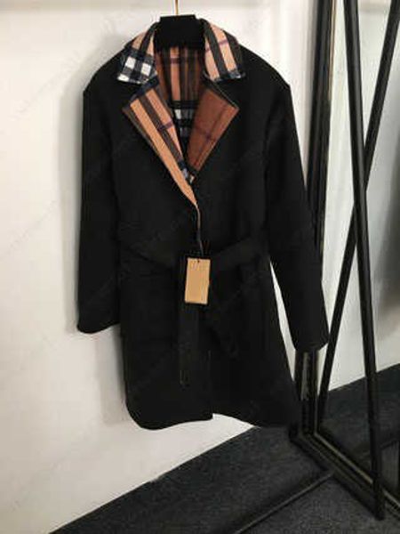 

women windbreaker jacket designer trench coat women clashing plaid reversible tweed-coat belted slim mid-length jackets womens clothes, Black