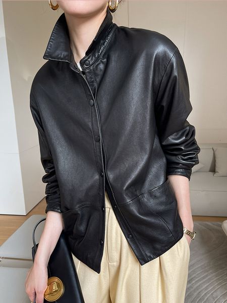 

womens leather faux black natural sheepskin coat women simple fashion shirt collar singlebreasted short casual genuine jacket mujer 230828