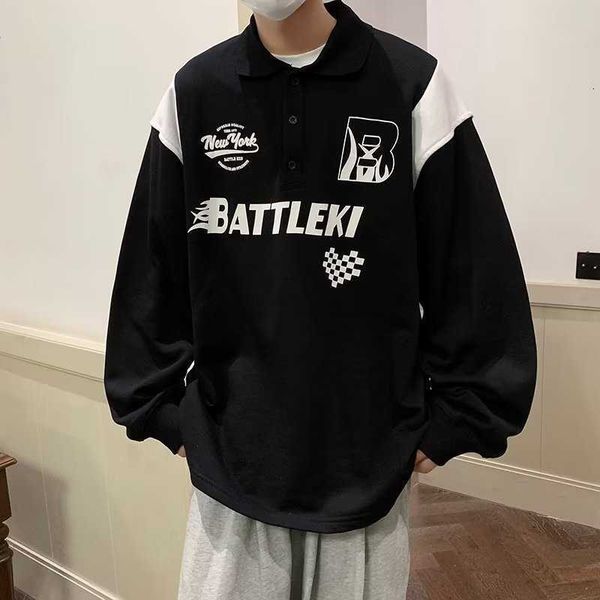 

american printed racing suit polo collar sweater mens spring and autumn new trendy loose couple pullover top, Black