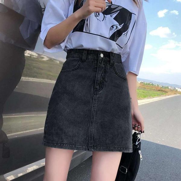 

half denim skirt girl summer ins spice wind high waist thin a line butt miniskirt, Black