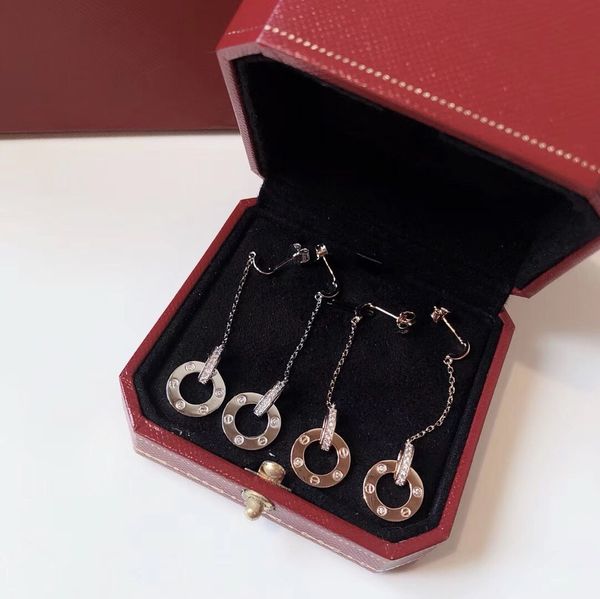 

luxury dangle earrings brand designer s925 sterling silver love crystal double circle charm long chain drop earrings with box for women part