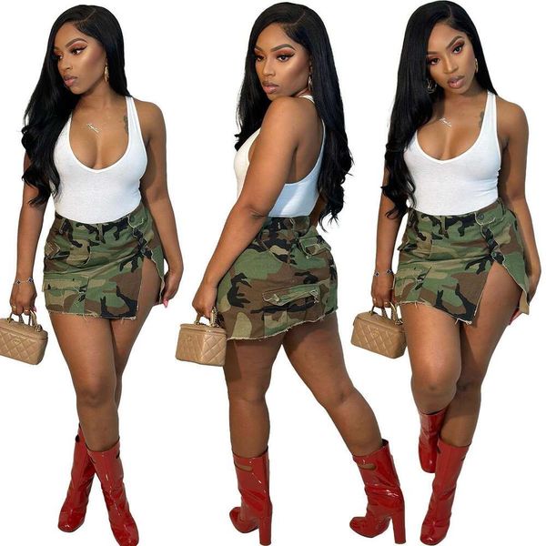 

womens dress camouflage cloth skirt pocket button split short, Black