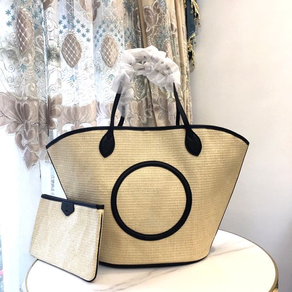 

luxury bucket bag summer beach carrying handbag straw leather fashion shopping bag underarm bag wallet 2 pcs set