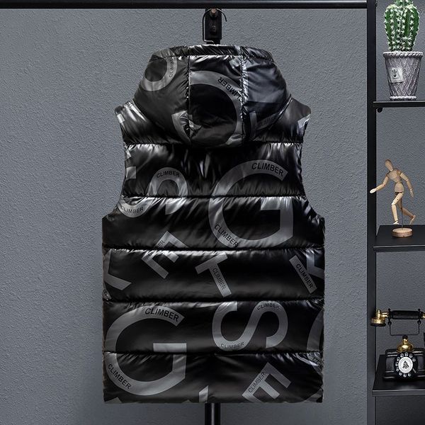 

hooded vest mens casual thick waterproof warm large pocket sleeveless parka bright color vest size 4xl new winter, Black