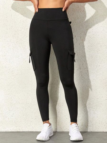 

womens leggings fashion slim fit solid wide waistband running exercise yoga stretch pockets tinker cargo 230828, Black