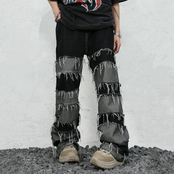

men's jeans ropa grunge y2k streetwear stacked jeans baggy pants men clothing patchwork straight loose long trousers vetements homme 23, Blue