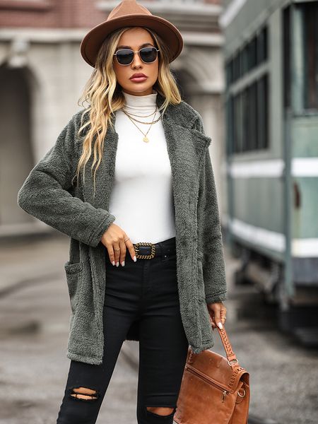 

womens wool blends suit collar loose mercerized flash velvet autumn and winter long sleeve doublesided blouses 230828, Black