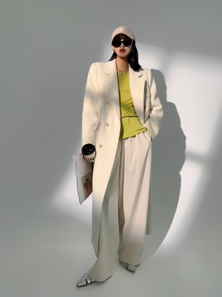 

women's wool blends women fashion elegant cashmere coat high grade woolen autumn winter overcoat double breasted turndown collar brand, Black