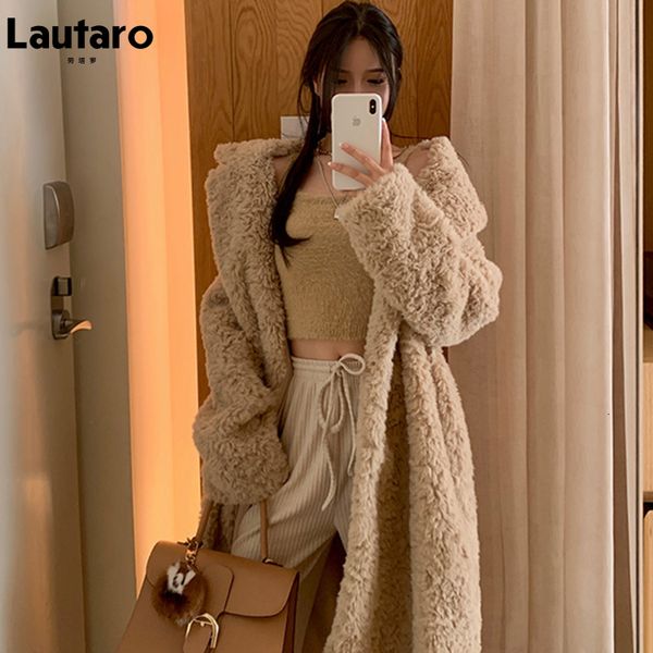 

womens fur faux lautaro winter long oversized shaggy fuzzy warm thick fluffy coat women sashes lapel stylish luxury korean fashion 230828, Black