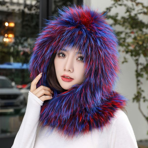 

wide brim hats bucket hats double-sided full fur wind snow hats for women winter bucket hat fur scarf hat integrated warm and thick fur outd, Blue;gray