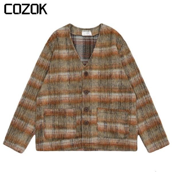 

men's sweaters 2023 retro cardigan sweater men harajuku mohair stripe brown plaid knitted hip hop streetwear loose fleece button coat 2, White;black